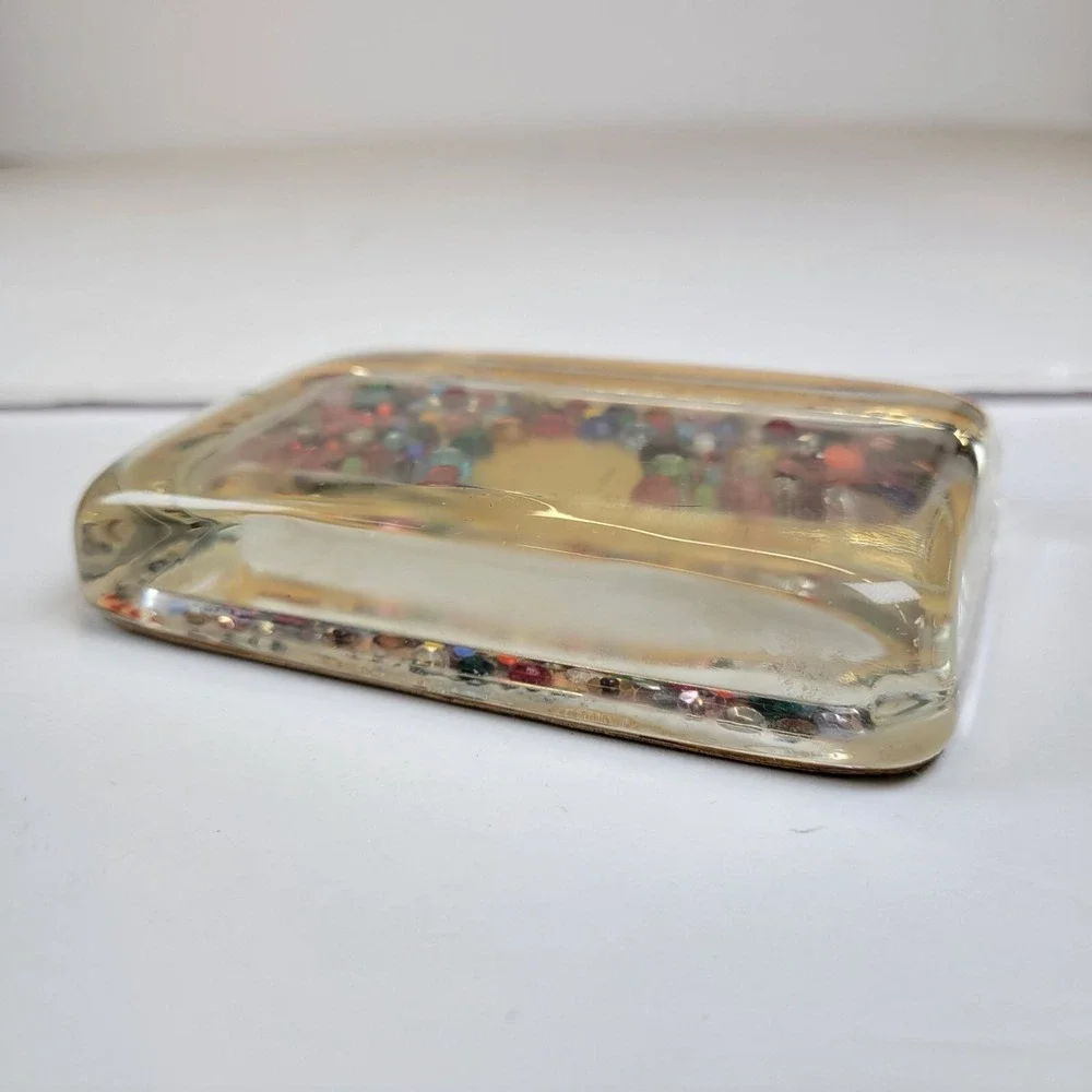 Vintage Lucite Paperweight Multicolored Rhinestones Beads Felt Backing 4